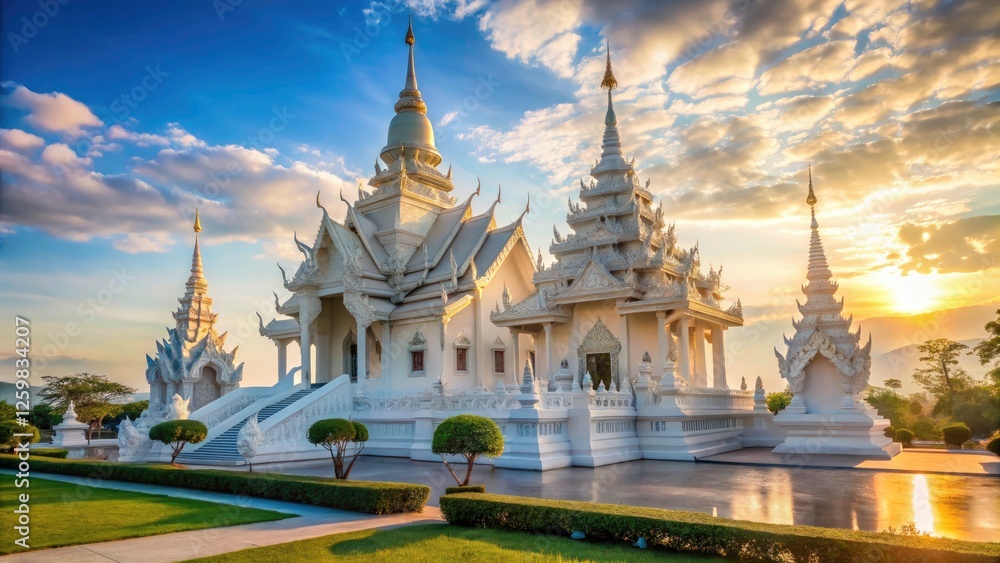 Panoramic White Temple with Bell Tower - Stunning Asian Architecture Photography Panoramic White Temple with Bell Tower - Stunning Asian Architecture Photography