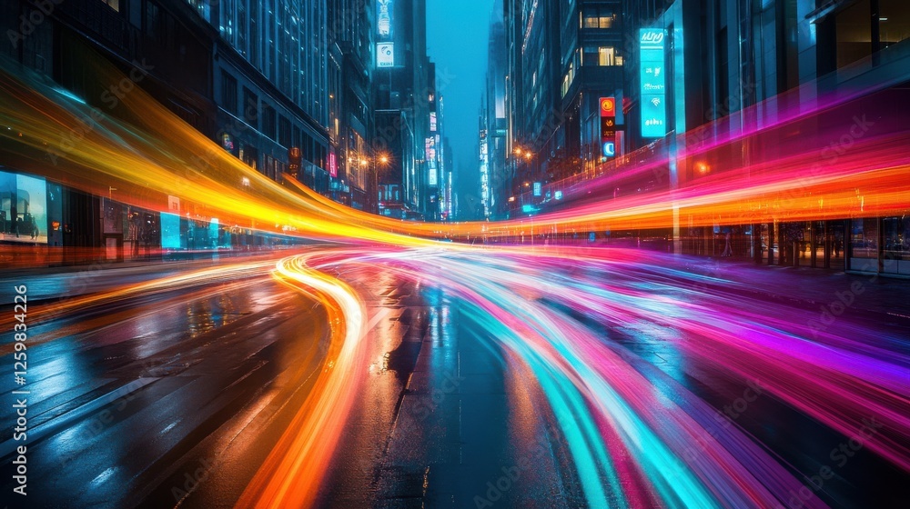 Naklejka premium A vibrant city street at night with colorful light trails from moving vehicles reflecting on wet pavement.