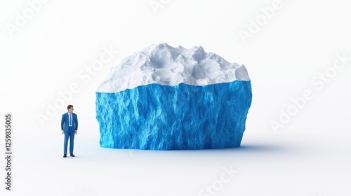 A businessman stands beside a large iceberg model, illustrating the concept of hidden potential beneath the surface in a minimalist setting.