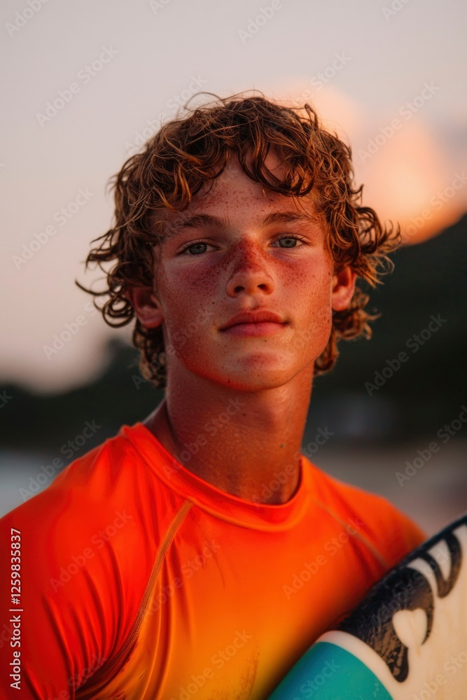 Young man with surfboard at dusk on beach; background sunset; for beach lifestyle Young man with surfboard at dusk on beach; background sunset; for beach lifestyle