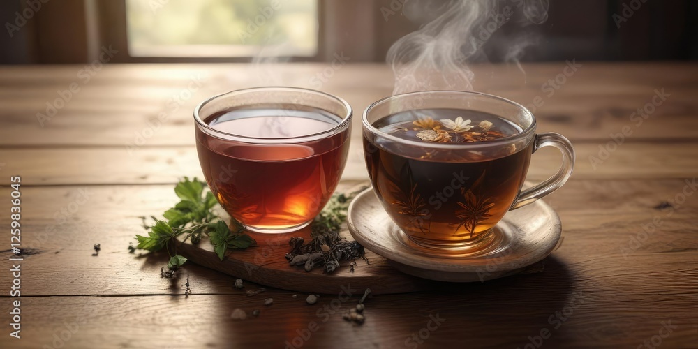 Steaming cup of herbal tea sits on a worn wooden table, warm, outdoor Steaming cup of herbal tea sits on a worn wooden table, warm, outdoor