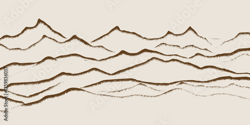 Mountain landscape in sepia tones, minimalism, imitation pencil drawing, vector illustration