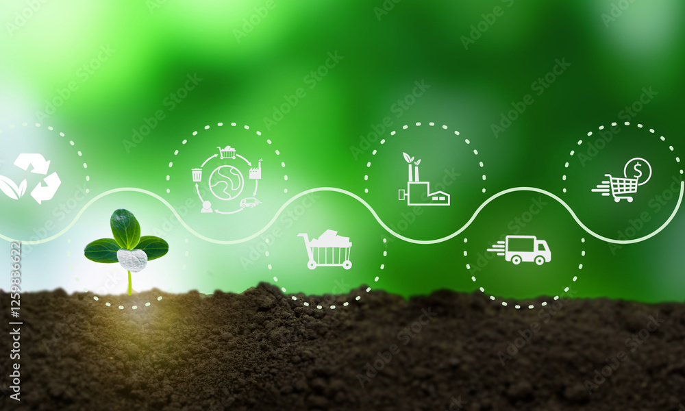 Fototapeta premium Circular economy and waste management concept. Environmental sustainability. A sprouting plant surrounded by eco-friendly icons; recycling, production, consumption and delivery processes.