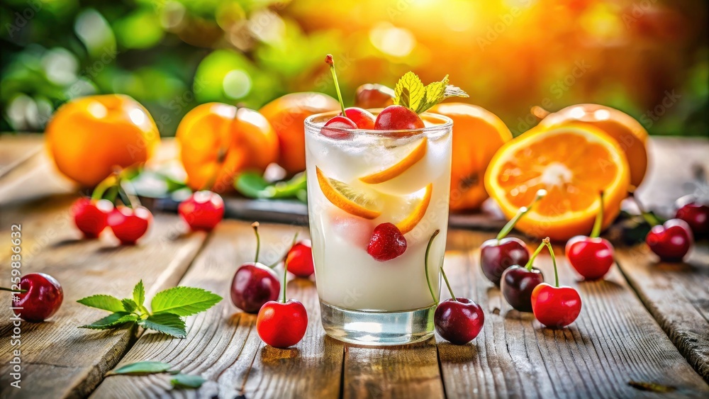 Refreshing Summer Drink: Iced Beverage with Cherries & Orange, Candid Photography, Tabletop Still Life Refreshing Summer Drink: Iced Beverage with Cherries & Orange, Candid Photography, Tabletop Still Life