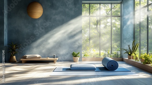 A calming yoga studio styled in Pantone Serenity, with soft cushions, a rolled yoga mat, and light streaming through frosted glass windows, creating a tranquil and inviting space. --ar 16:9 photo