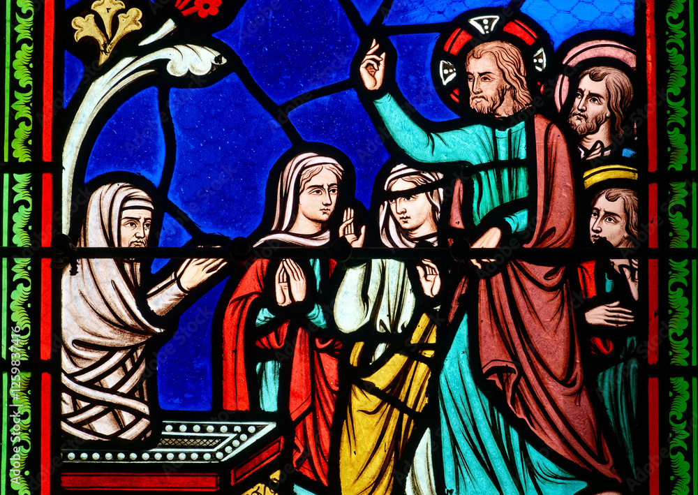 Fototapeta premium Stained glass (19th century) of Jesus Miracle: The Resurrection of Lazarus.