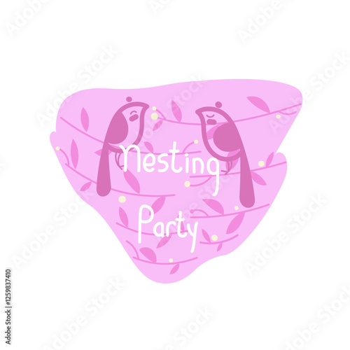 Nesting party invitation, christening Bird's nest made of a pair, plants, leaves, berries, twigs.Stylized, doodle illustration of a bird's nest in pink tones. Birth of a girl. Illustration in soft pas