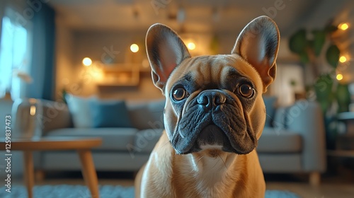 A charismatic image of a French bulldog tilting its head playfully, its wrinkled face full of character, captured in sharp detail with a cozy living room softly blurred in the background. --ar 16:9 photo