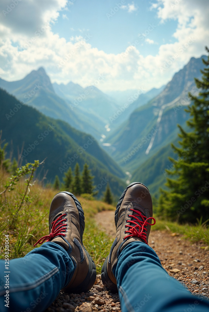 The image shows a person's feet in hiking boots, seated on a trail with a breathtaking mountainous landscape in the background