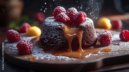 A decadent dessert scene, featuring a molten chocolate lava cake with a flowing ganache center, surrounded by fresh raspberries, powdered sugar, and a drizzle of caramel sauce, captured in rich, photo