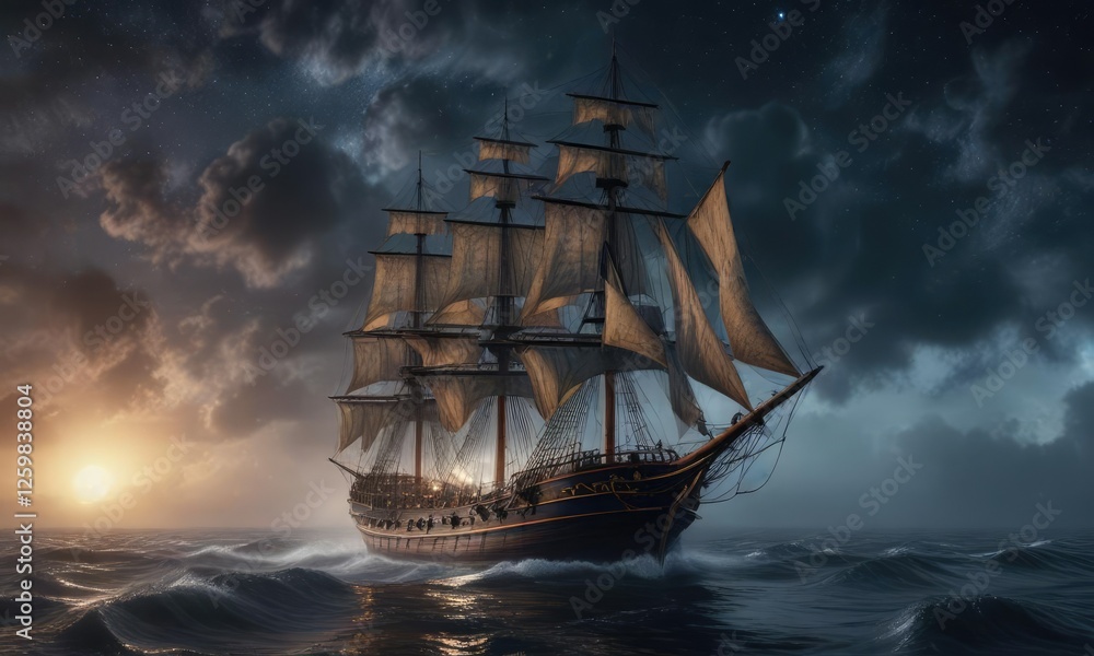 Fototapeta premium Tall ship navigating through dense fog under a starry night sky with dark clouds looming in the background, nighttime fog, cloud filled sky