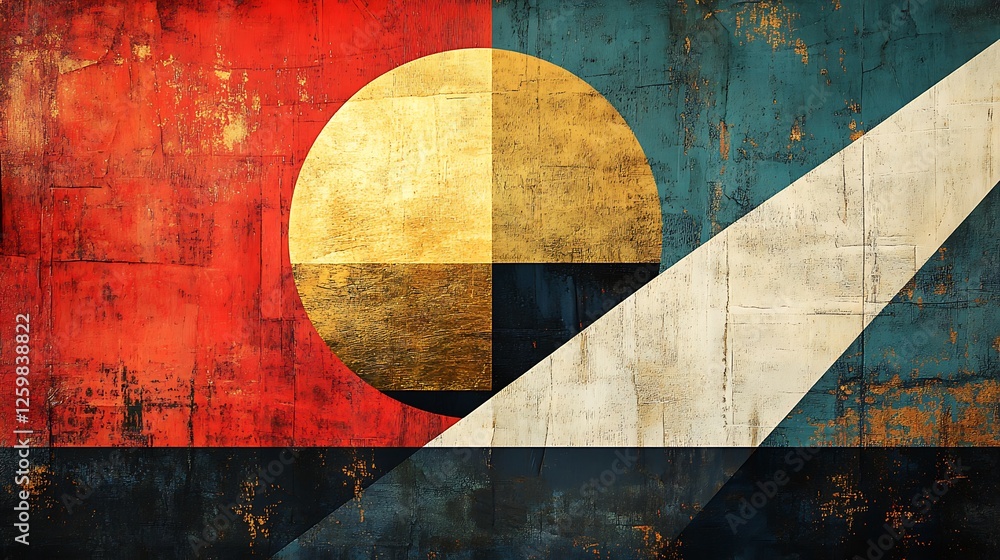 A geometric abstract design with sharp-edged triangles and circles in bold primary colors, layered with textures of gold foil and soft shadows for depth and a modern aesthetic. --ar 16:9 A geometric abstract design with sharp-edged triangles and circles in bold primary colors, layered with textures of gold foil and soft shadows for depth and a modern aesthetic. --ar 16:9
