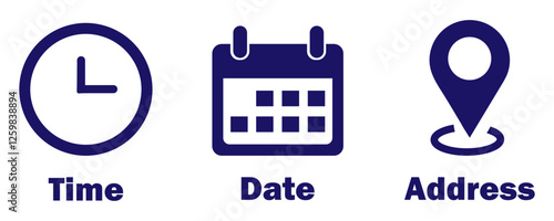 Time date address icon set collection vector illustration. Event icons vector. Location, Calendar & clock icon. Clock, pin map location, and calendar signs set. Business schedule icons clock calendar.