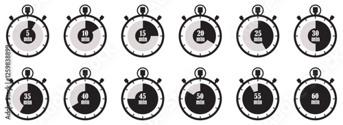Set of timer and stopwatch. Kitchen timer icon with different minutes sets. Countdown icon collection. Clock icon set. Countdown Clock Vector. watch deadline time timer clock kitchen cook sandglass