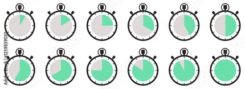 Clock, timer, countdown, stopwatch, icon set. Stopwatch and timer countdown icons. Clock and stopwatch symbol set for timing. Isolated green timer and clock symbol. Countdown stopwatch. Vector