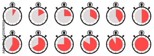 Set of timers. Countdown sign symbol isolated set. Digital countdown stopwatch and time tracker icons. Classic clock and timer symbols for scheduling. Red sandglass and stopwatch set for timing.