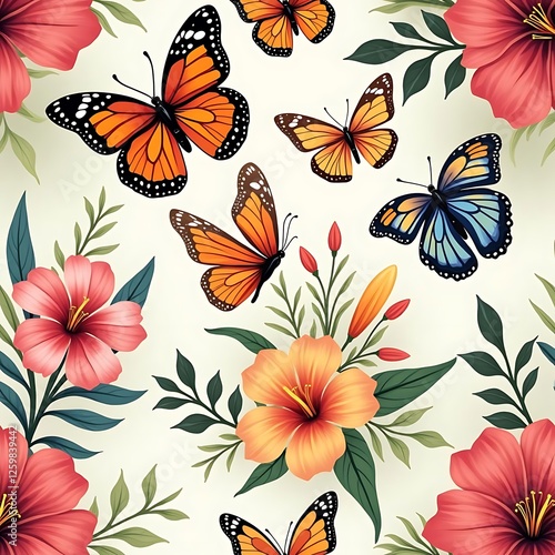 Vibrant Butterfly Hibiscus Flower Pattern Seamless Design