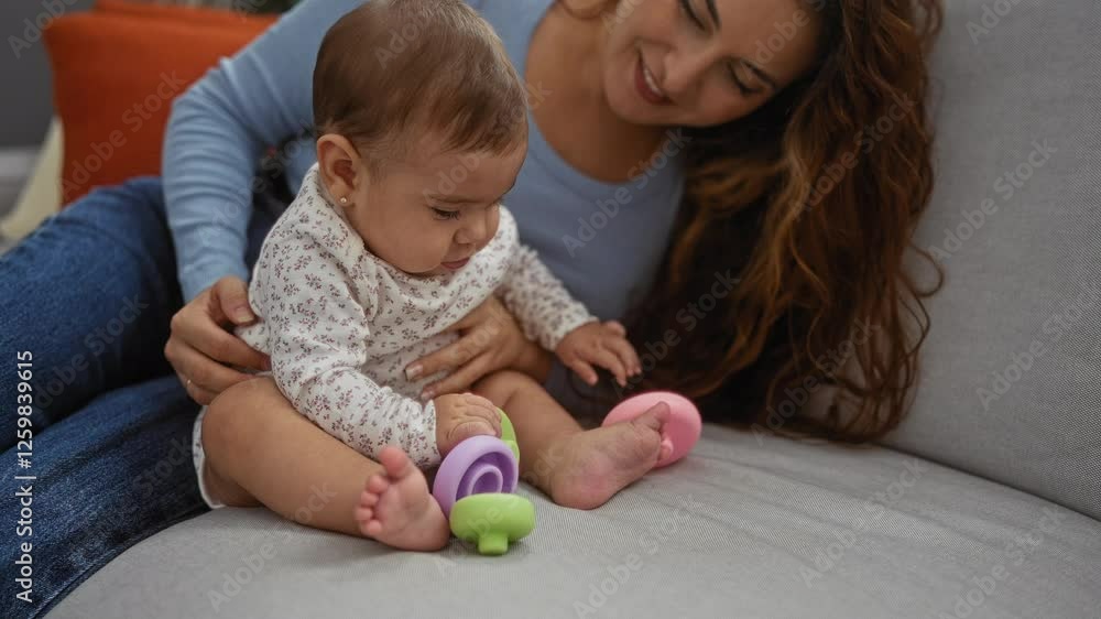 Mother and daughter playing with colorful toys on sofa, showcasing love and bonding in a cozy living room setting. Mother and daughter playing with colorful toys on sofa, showcasing love and bonding in a cozy living room setting.
