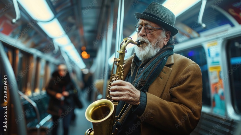Fototapeta premium full body shot of boy two man playing saxophone inside a train, urban
