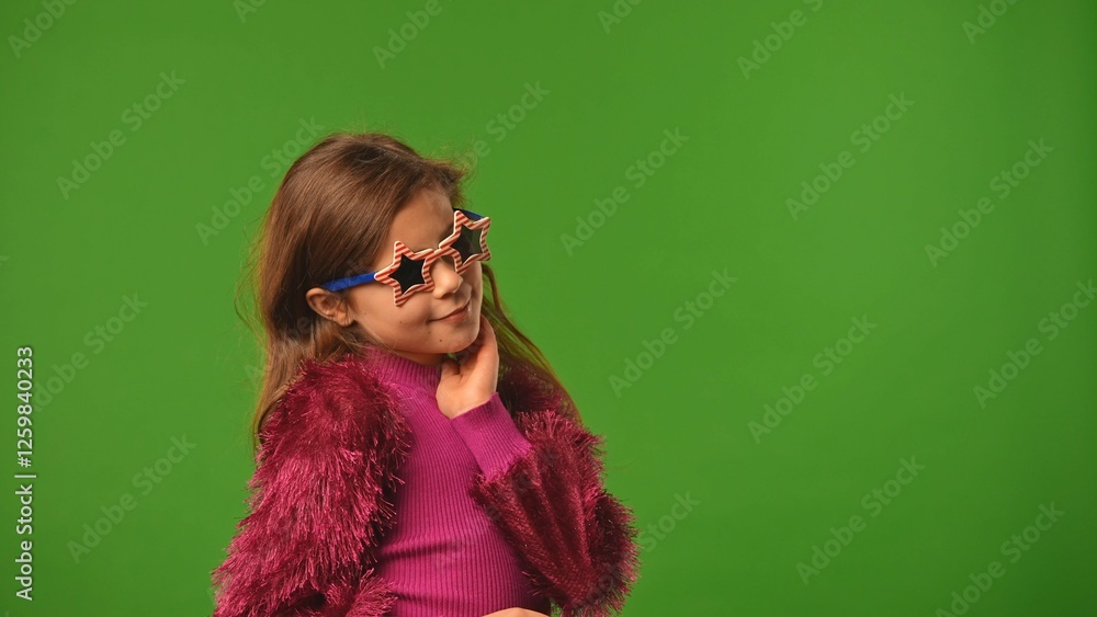 Smiling girl child in star sunglasses making cool poses at camera, positive expression, isolated on chroma key green screen studio background mockup. Smiling girl child in star sunglasses making cool poses at camera, positive expression, isolated on chroma key green screen studio background mockup.