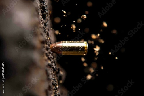 Bullet in flight hits target, with debris flying, close-up shot for security concepts photo