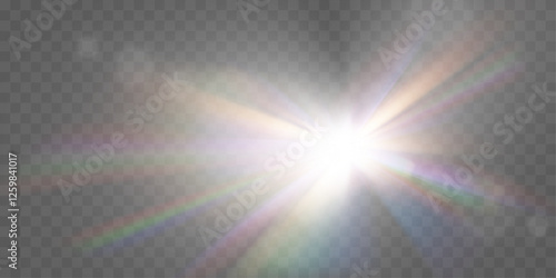 Bright lens flare with rainbow light effects on transparent background.

