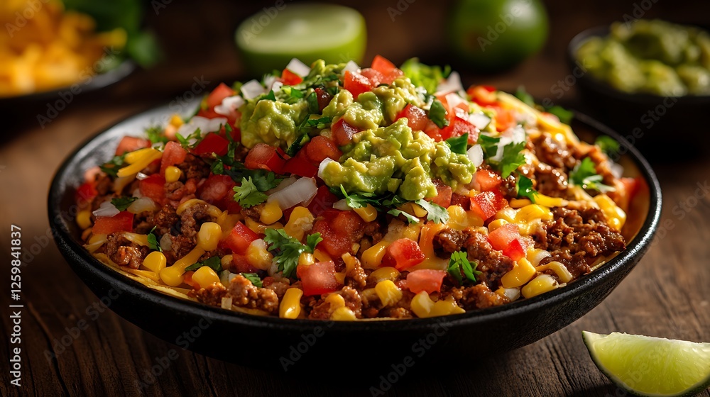 A vibrant taco spread with colorful toppings like diced tomatoes, shredded lettuce, guacamole, and cheese, presented on rustic plates with lime wedges and a wooden table background, A vibrant taco spread with colorful toppings like diced tomatoes, shredded lettuce, guacamole, and cheese, presented on rustic plates with lime wedges and a wooden table background,