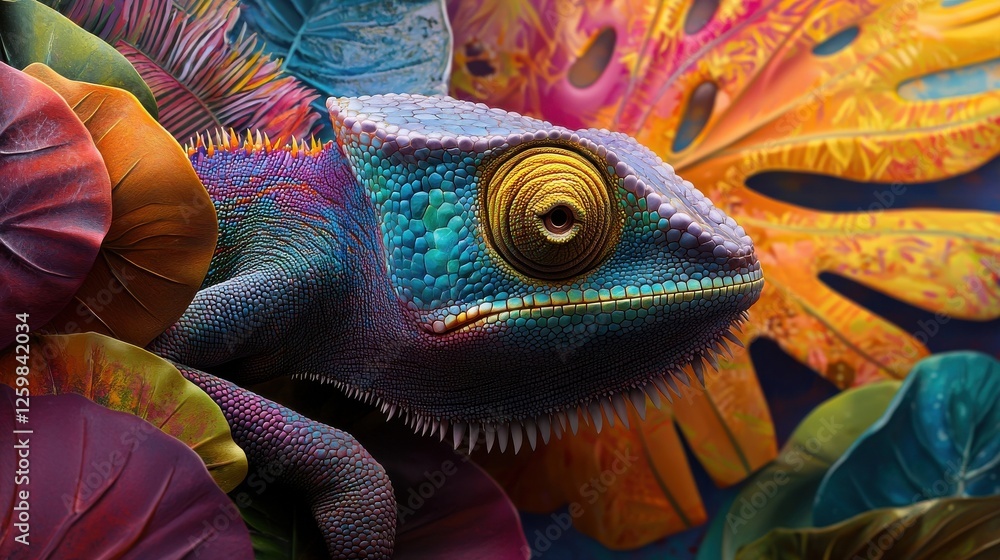 Obraz premium A colorful lizard is sitting on a leafy plant