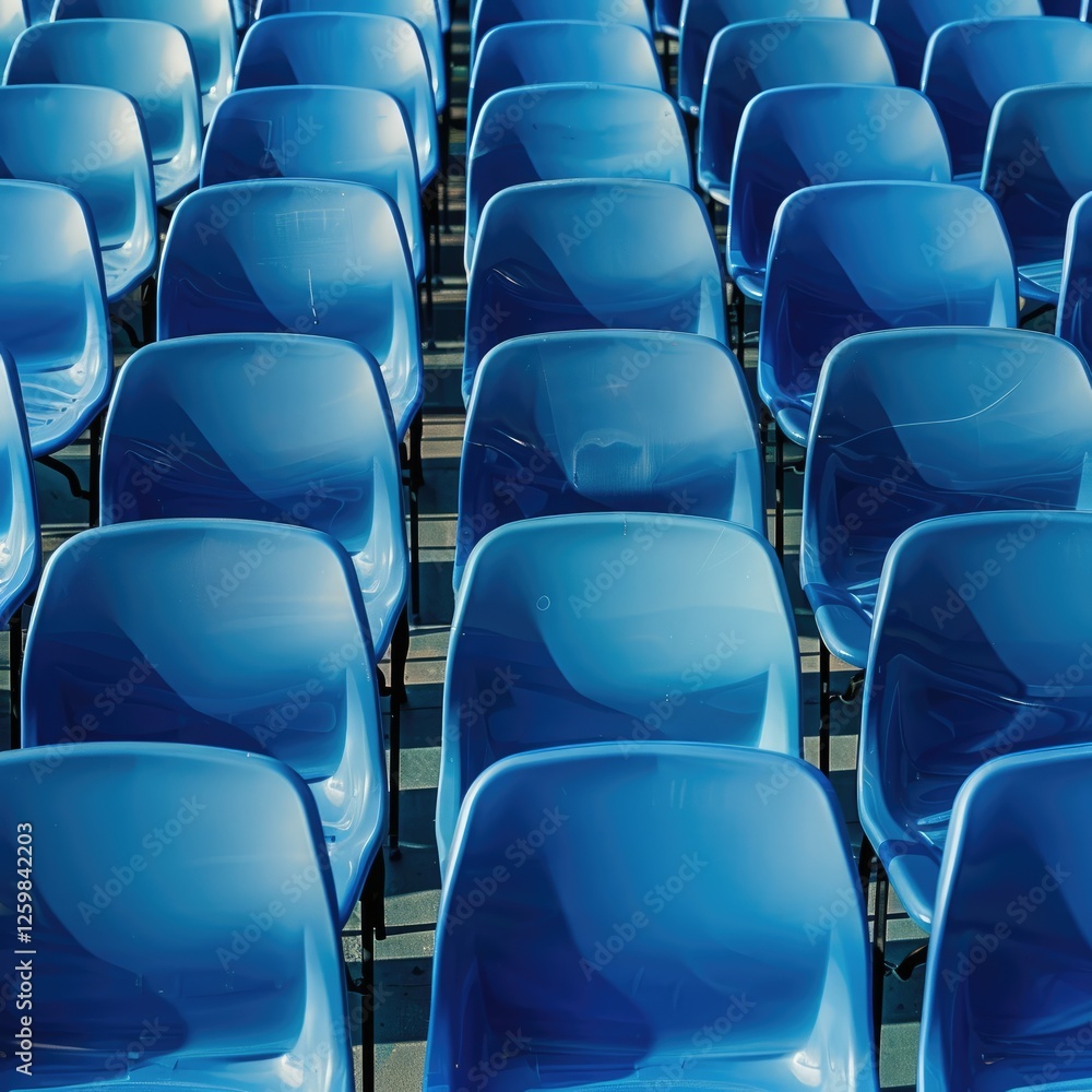 Fototapeta premium Blue plastic chairs in rows with metal legs on a matching blue background, showcasing repetition and simplicity in design.