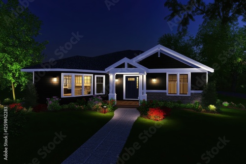 Wallpaper Mural Nighttime exterior of modern home with landscaping and pathway Torontodigital.ca