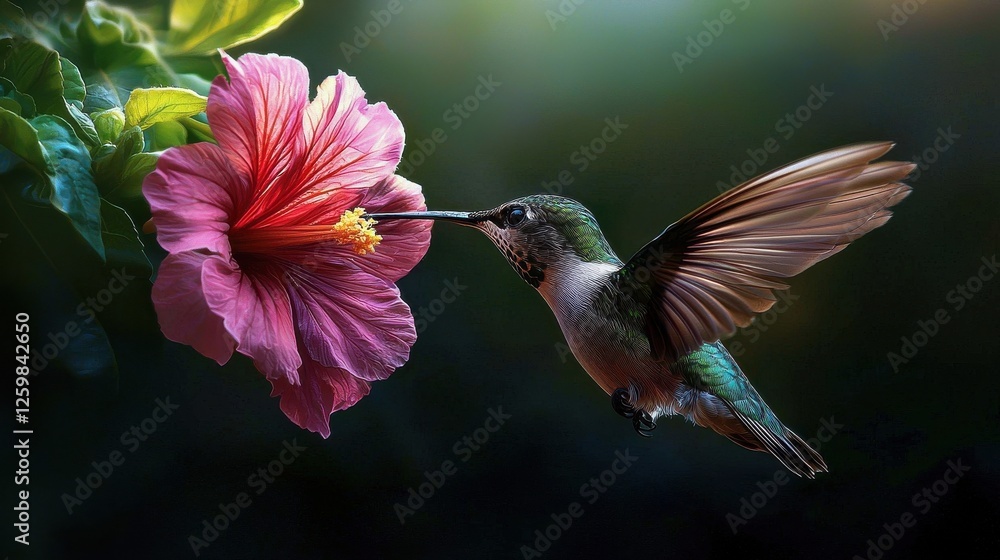 Fototapeta premium A hummingbird is drinking nectar from a pink flower