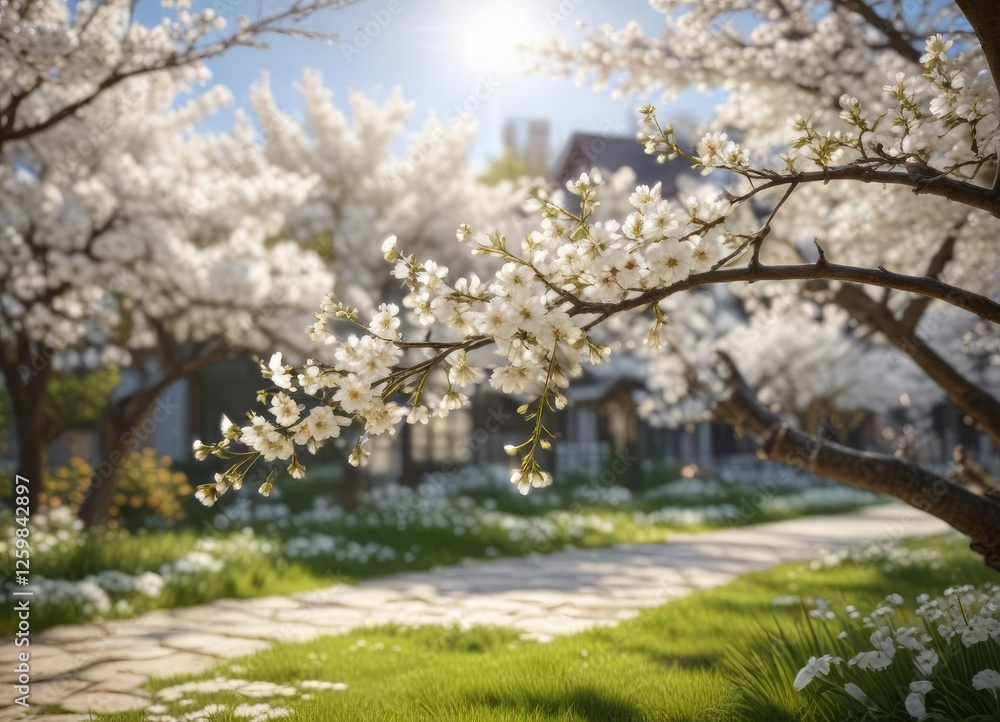 Tranquil garden scene with white cherry blossoms in bloom, nature's gift, zen Tranquil garden scene with white cherry blossoms in bloom, nature's gift, zen