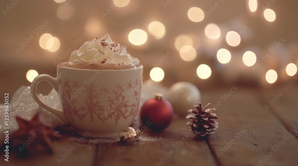 Fototapeta premium Cozy Cup of Hot Chocolate with Whipped Cream and Holiday Decor
