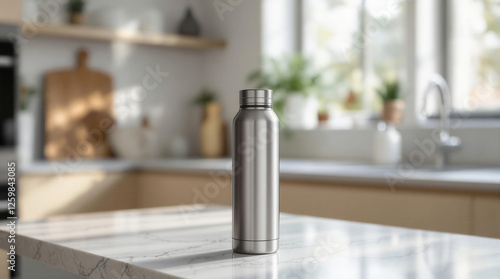 Sleek stainless steel water bottle on white marble countertop, modern kitchen background, bright daylight outside window