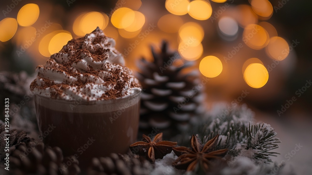 Cozy Hot Chocolate with Whipped Cream and Cinnamon on Festive Table Cozy Hot Chocolate with Whipped Cream and Cinnamon on Festive Table