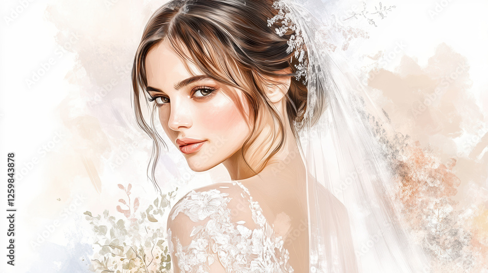 Romantic Bridal Illustration with Floral Accents and Elegant Veil Perfect for Wedding Invitations and Fashion Editorials Romantic Bridal Illustration with Floral Accents and Elegant Veil Perfect for Wedding Invitations and Fashion Editorials