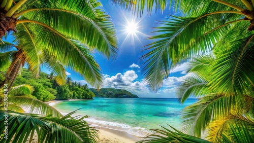 Tropical Summer Travel Poster, Palm Leaf Frame, Paradise Beach, Exotic Vacation, Sunny Island Escape