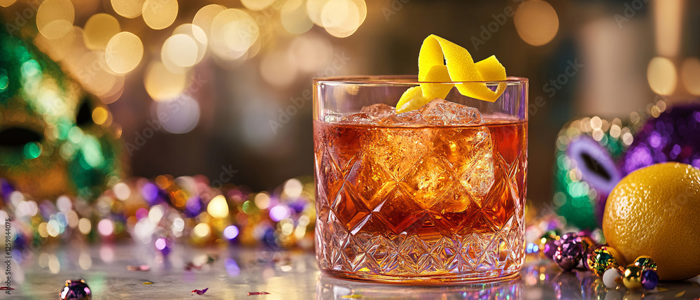 A whiskey old-fashioned cocktail in an elegant glass, garnished with a lemon twist and surrounded by festive Mardi Gras decorations, with colorful confetti and ribbons adding depth and celebration. A whiskey old-fashioned cocktail in an elegant glass, garnished with a lemon twist and surrounded by festive Mardi Gras decorations, with colorful confetti and ribbons adding depth and celebration.