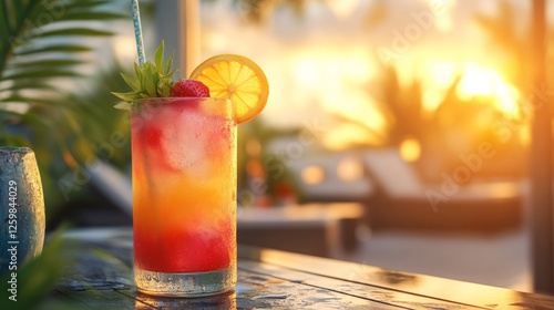 A refreshing summer cocktail with vibrant colors and fresh fruit garnish on a sunny patio