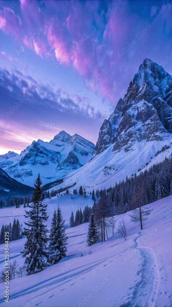 Fototapeta premium Snow-Covered Mountains at Twilight with Vibrant Purple Sky