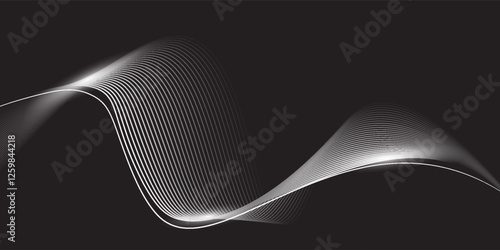 Dark abstract background with glowing wave. Shiny moving lines design element. Modern white gradient flowing wave lines. Futuristic technology concept. Vector illustration