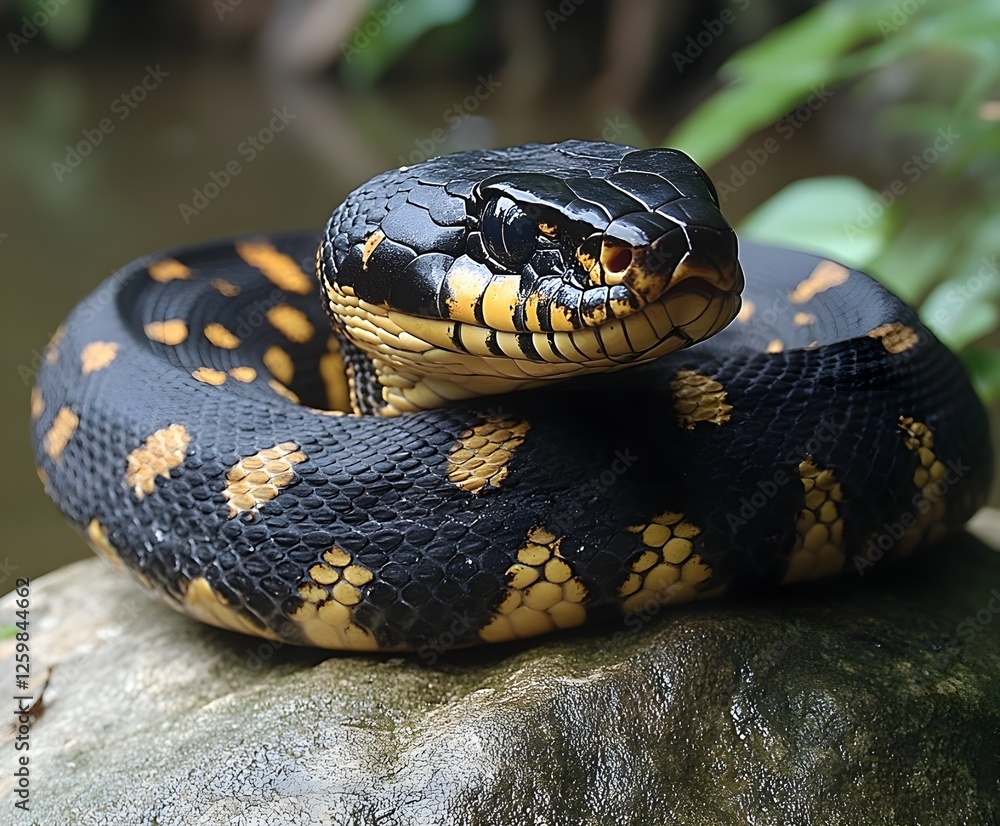 Obraz premium Black Mangrove Pit Viper coiled around a branch, Indonesia