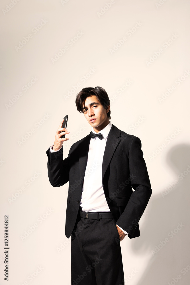Handsome young man wearing elegant black suit and using smart phone posing over white background. Vertical. Handsome young man wearing elegant black suit and using smart phone posing over white background. Vertical.
