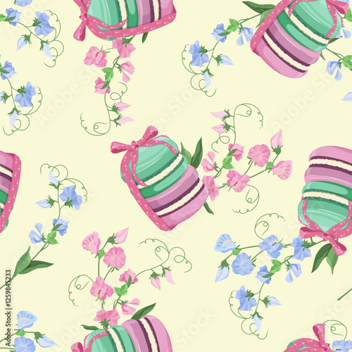 Different tastes and colors macaroons tied with a bow and sweet pea on a beige background. Seamless vector illustration. For decoration textile, packaging.