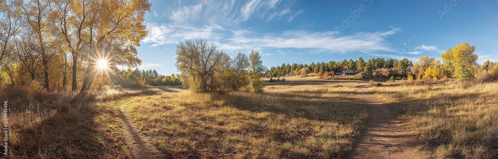 Fototapeta premium Autumn Sunlit Meadow Trail with Homes in Background