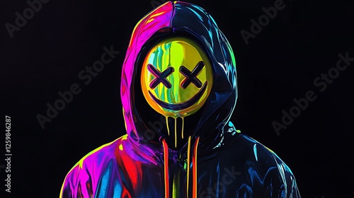Neon Cyberpunk Hooded Figure with Smiley Face and X Eyes on Black Background