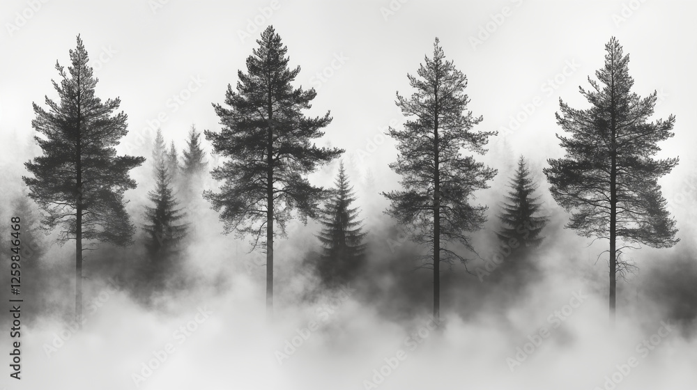 Tall pine trees silhouetted in morning fog creating mysterious forest atmosphere. Moody black and white nature landscape with evergreen trees