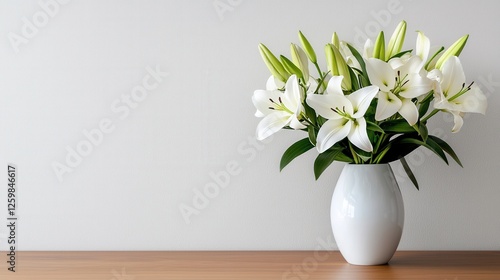 Wallpaper Mural A white vase with white flowers sits on a wooden table Torontodigital.ca