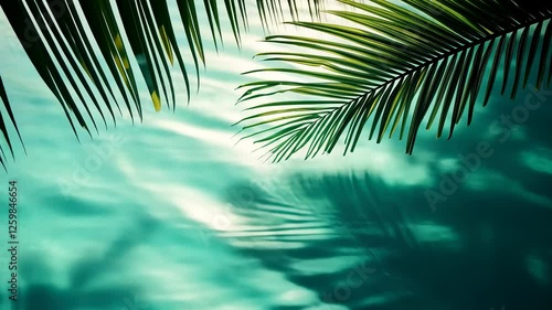 Tranquil Tropical Scene with Palm Leaves Casting Shadows Over Serene Aquamarine Water