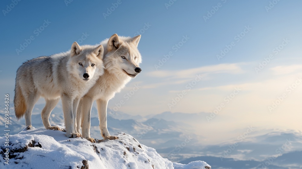 Fototapeta premium Two white wolves standing on a snowy mountain